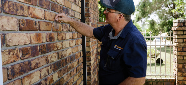 Inspecting exterior brick wall of a house